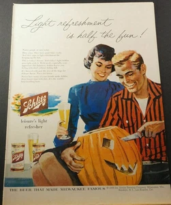 Schlitz 1956 cerveza Halloween anuncio pareja tallado Jack-o-LANTERN calabaza otoño otoño otoño - Imagen 1 de 1