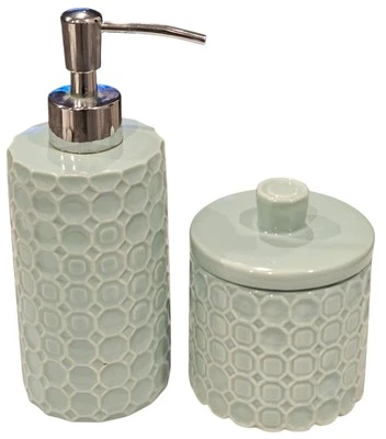 ¡NUEVO! Dispensador de jabón y tarro cubierto de baño "Medallón Groovy" cerámica verde menta Foto 1 de 4