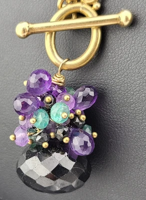 Black Jade Purple Amethyst Briolette Charm Pendant Gold Plated Chain 20"Necklace - Image 1 of 4