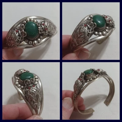 🐲 Vintage Tibetan Silver & Malachite Dragon Cuff Bracelet Nepal Southwestern 👀 - Image 1 of 4