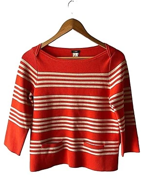 Suéter J Crew Para Mujer Talla S Retro Vintage Naranja y Blanco Rayas 2 Bolsillos Foto 1 de 4