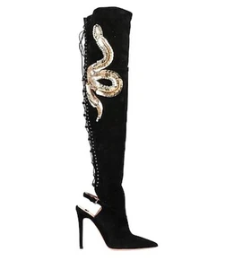 New Elisabetta Franchi Snake Embellished Black Suede Leather Over Knee Boots 36 - Picture 1 of 4