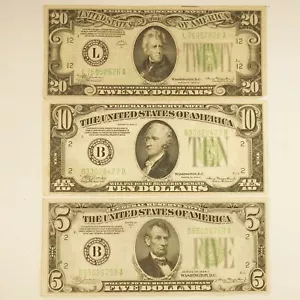 $5, $10 and $20 1934 Federal Reserve Banknote Trio - Free Shipping USA - Picture 1 of 3