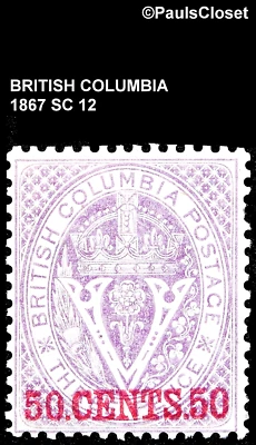 BRITISH COLUMBIA 1867 SC 12 SEAL OF BC VIOLET OP 50¢ ON 3p (R) MVLH OG F/VF - Image 1 of 2