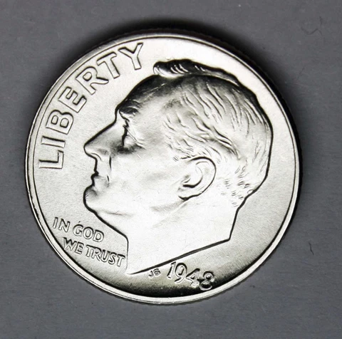 1948-p Roosevelt Dime. 100% Fully Separated Horizontal Bands. BU. (Inventory A) Cover