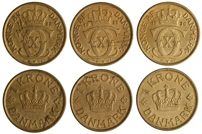 Denmark. Kingdom. Christian X 1929, 1935 and 1936  1 Krone, . EF-AU KM# 824.1 - Image 1 of 3