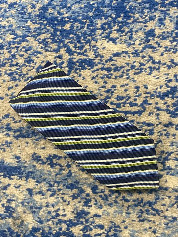 Gravata Barneys New York azul marinho verde branco listras seda algodão feita à mão - Imagem 1 de 4