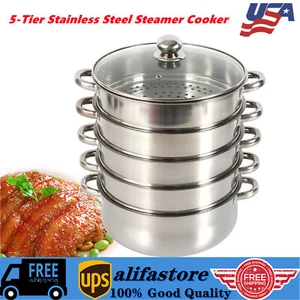 5 Tier Steamer Cooker Steam Pot Food Cooking Hot Pot Stainless Steel+Glass Lid - Picture 1 of 11