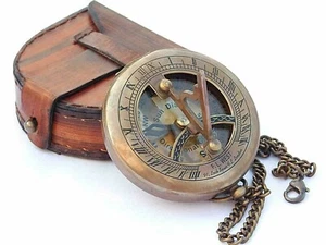 Compass Push Open Brass Sundial Compass - SteampunK with Leather Case and Chain - Picture 1 of 5