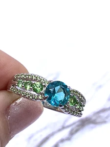 RBP Ring Band Lime Green Blue Topaz Sz 9 Round Rhodium CZ Jewelry Lab Created - Picture 1 of 10