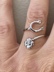 Genuine 3 Diamond Lucky Horseshoe & 4 Leaf Clover 925 Silver Ring Adjustable - Picture 1 of 5
