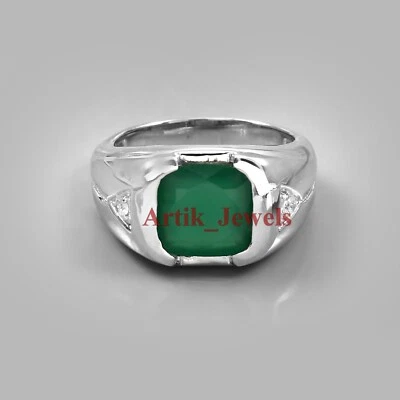 Verde Natural Onix Piedra Preciosa Con 18k Oro Blanco Chapado Plata Anillo #1091 - Imagen 1 de 4