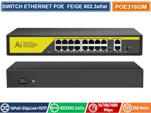 SWITCH POE ETHERNET 16 PORTE POE + 2 PORTE RJ45 10/100/1000 MBPS + 1 SFP 3AF/3AT - Foto 1 di 3