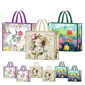 6 Pack Grocery Bags Reusable Peony Colorful Flowers Butterflies Shopping Bags... - Picture 1 of 8