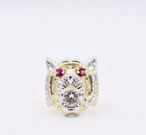 Men's Tiger Lion Head Ring Ruby Eyes & CZ Real Solid 10K Yellow Gold Size 11 - Picture 1 of 5