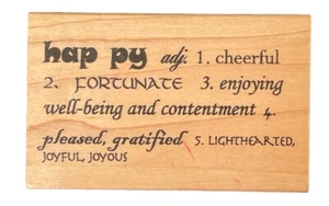Happy Adjective Word Definition Dictionary Fortunate Content Wood Rubber Stamp - Foto 1 di 4