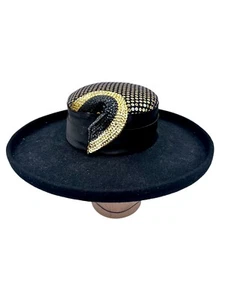 VINTAGE SONNI SAN FRANCISCO BLACK WOOL GOLD SEQUIN DERBY COCKTAIL HAT LANCASTER - Picture 1 of 12