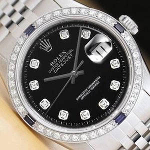 ROLEX MENS DATEJUST 1603 18K WHITE GOLD DIAMOND SAPPHIRE & STEEL BLACK WATCH - Picture 1 of 8