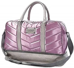 Justice Quilted Duffel Duffle Sports Bag Shimmer Glitter Adjustable Purple Zip - Picture 1 of 2