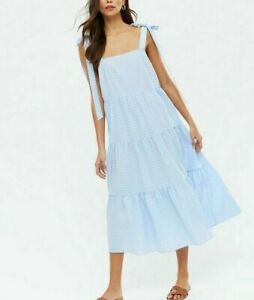 NEW LOOK Pale Blue Check Bow Tie Strap Tiered Midi Summer Dress size 14 42
