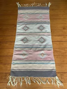 Vintage Aztec Handmade Navajo Woven Southwestern Pattern Wool ? Fringe Rug Boho - Picture 1 of 8