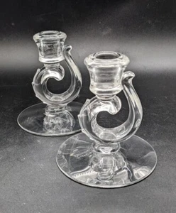 Two (2) Fostoria Clear Glass Serpentine Crystal Candle Holders Single Taper 4.5" - Picture 1 of 8