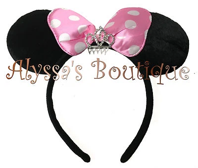 Minnie Mouse Ears Headband Princess Rhinestone Tiara Black Pink Bow Mickey Party - Image 1 of 4
