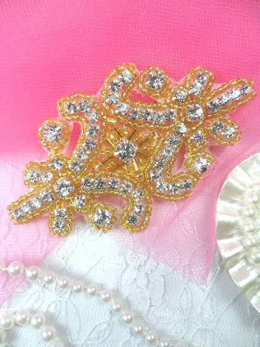 Parche motivo artesanías de costura con apliques de estrás de cristal con cuentas doradas XR15 4" Foto 1 de 1