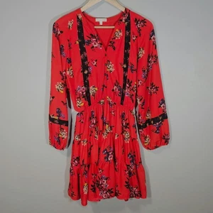 Gianni Bini Minikleid Gr. M rot geblümt Langarm Knopfleiste Fit Flare - Bild 1 von 13