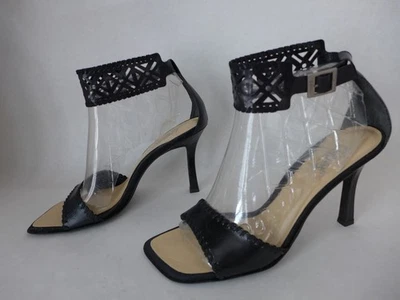 CARLOS Talla 8.5M Corte Correa de Tobillo CUERO NEGRO Zapatos de Tacón CANTO Hecho en Brasil Foto 1 de 4