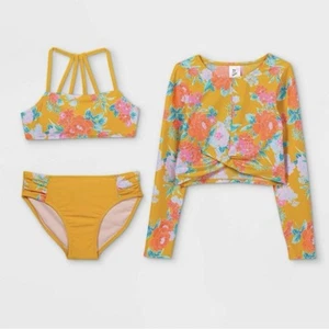Girls' Floral Print 3pc Bikini Set - art class Gold XS #4006 - Picture 1 of 4