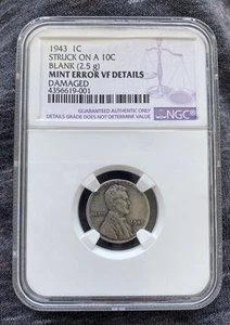 1943 LINCOLN CENT STRUCK ON SILVER 10c DIME PLANCHET MINT ERROR NGC CERTIFIED VF - Picture 1 of 4