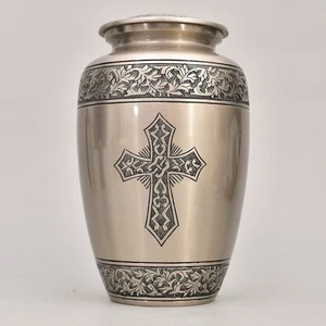 Adult Cremation Funeral Urn for Human Ashes, Pewter Etched Cross with Velvet Bag - Bild 1 von 6