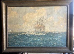 :ÖLGEMÄLDE SEGELSCHIFF ZUM HERRICHTEN WELLEN SIGNIERT MEER RAUE SEE BOOT MARITIM - Picture 1 of 10