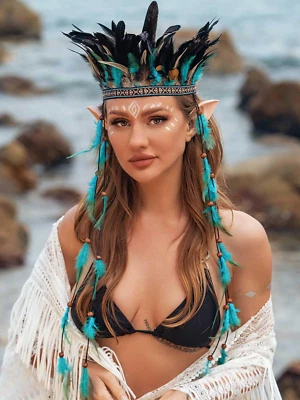 GORTIN Indian Feather Headdress Boho Feather Headband Hippie Native American Hea - Image 1 of 4