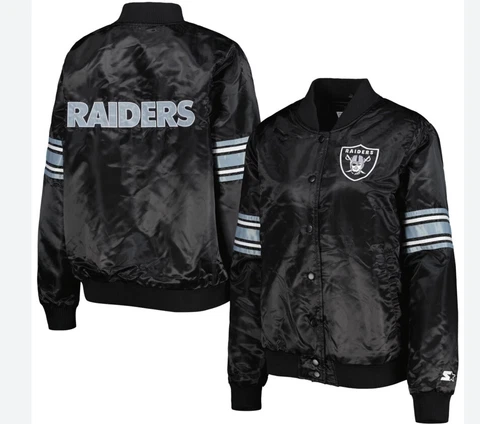 Raiders NFL Women’s $139 Satin Starter  Black Jacket Large NWT J57 Cover
