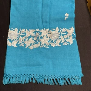 Fringed Floral Patterned Large Scarf/Shawl/Wrap Turquoise Embroidered 74x25 Blue - Picture 1 of 9