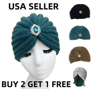 Women Muslim Gemstone Turban Head Wrap Knitted Cap Cancer Headwear Hair Loss Hat - Picture 1 of 10