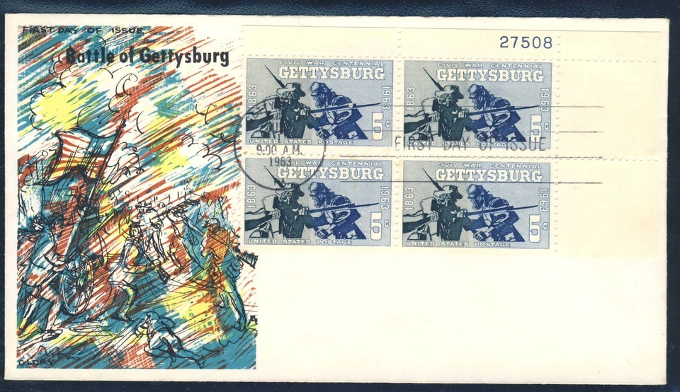 US 1963 Gettysburg Plate Block (1180) . First Day Cover, Cachet - Image 1 of 1