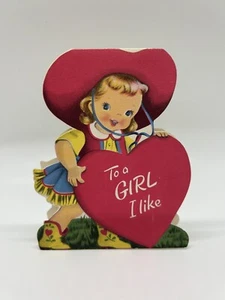 UNUSED Vintage Valentine Card - To A Girl I Like Cowgirl Western Norcross Crush - Bild 1 von 3