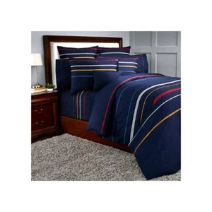 Sonia Rykiel Rue Garanciere Blue 4-Pc King Sheets/Shams Set Embroidered Stripes - Picture 1 of 11