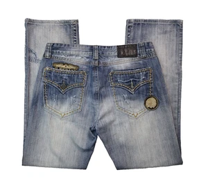 Black Premium BKE Distressed Indian Head Patch Boot Blue Denim Jeans 34x34 - Picture 1 of 8