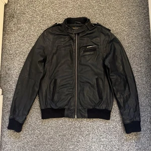 Superdry Leather Jacket Mens XL Black Fine Tailoring Biker Motorcycle Bomber - Picture 1 of 20