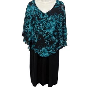 Connected Apparel Womens Black Teal Floral Dress Sheer Cape Knee Length sz 8 - Picture 1 of 16