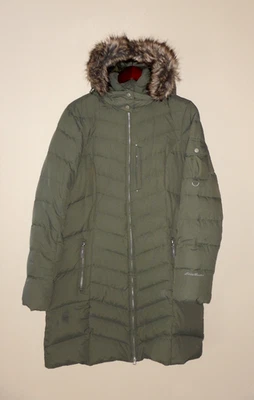 Abrigo Eddie Bauer para mujer alto L plumón verde oliva largo grande chaqueta acolchada con capucha Foto 1 de 4