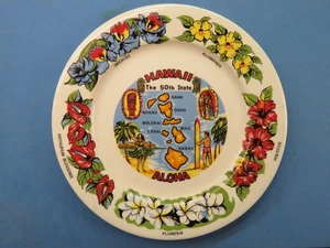 Plato Colgante Decorativo Porcelana ~ Aloha HAWAII El Estado 50 - Mapa, Flores - Imagen 1 de 5