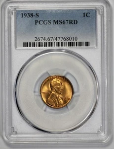 1938-S Lincoln 1c Cent PCGS MS 67 RD Wheat Penny - Picture 1 of 4