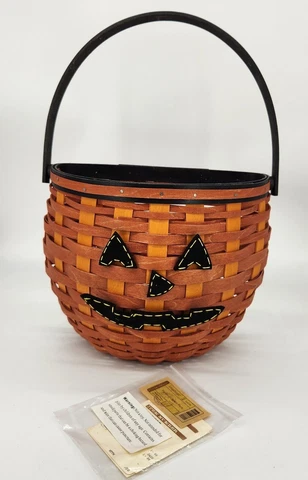 Longaberger Orange & Black Hanging Pumpkin Basket w Jack-o-Lantern Fabric Face Cover