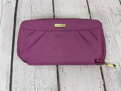 Cartera con bloqueo RFID TRAVELON bolsillos para tarjetas de identificación cremallera segura rosa orquídea púrpura ¡En muy buena condición! Foto 1 de 4