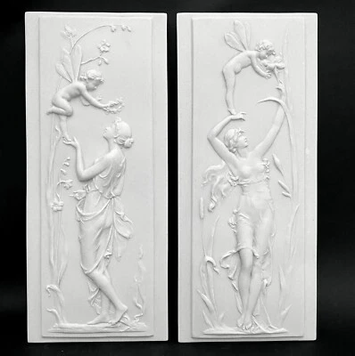 PAIR MARBLE WALL PLAQUES WITH FAIRY / CELESTINE & CHERUBS - MADE IN THE UK 12.5" - Image 1 of 4